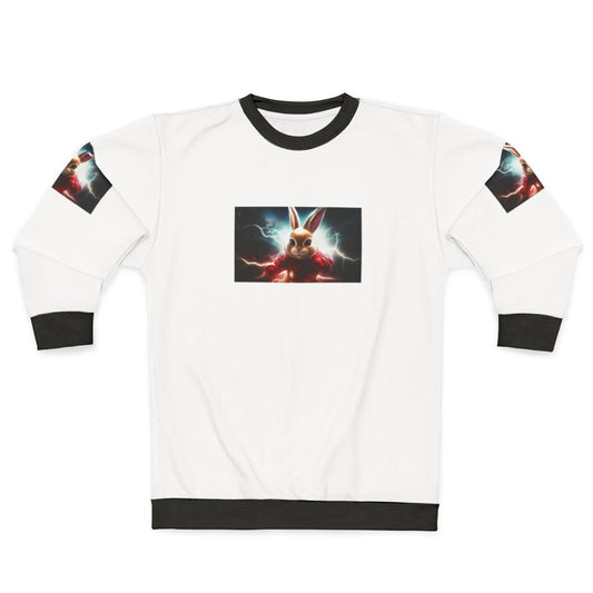 Rabbit The Superhero graphic on a grey sweatshirt