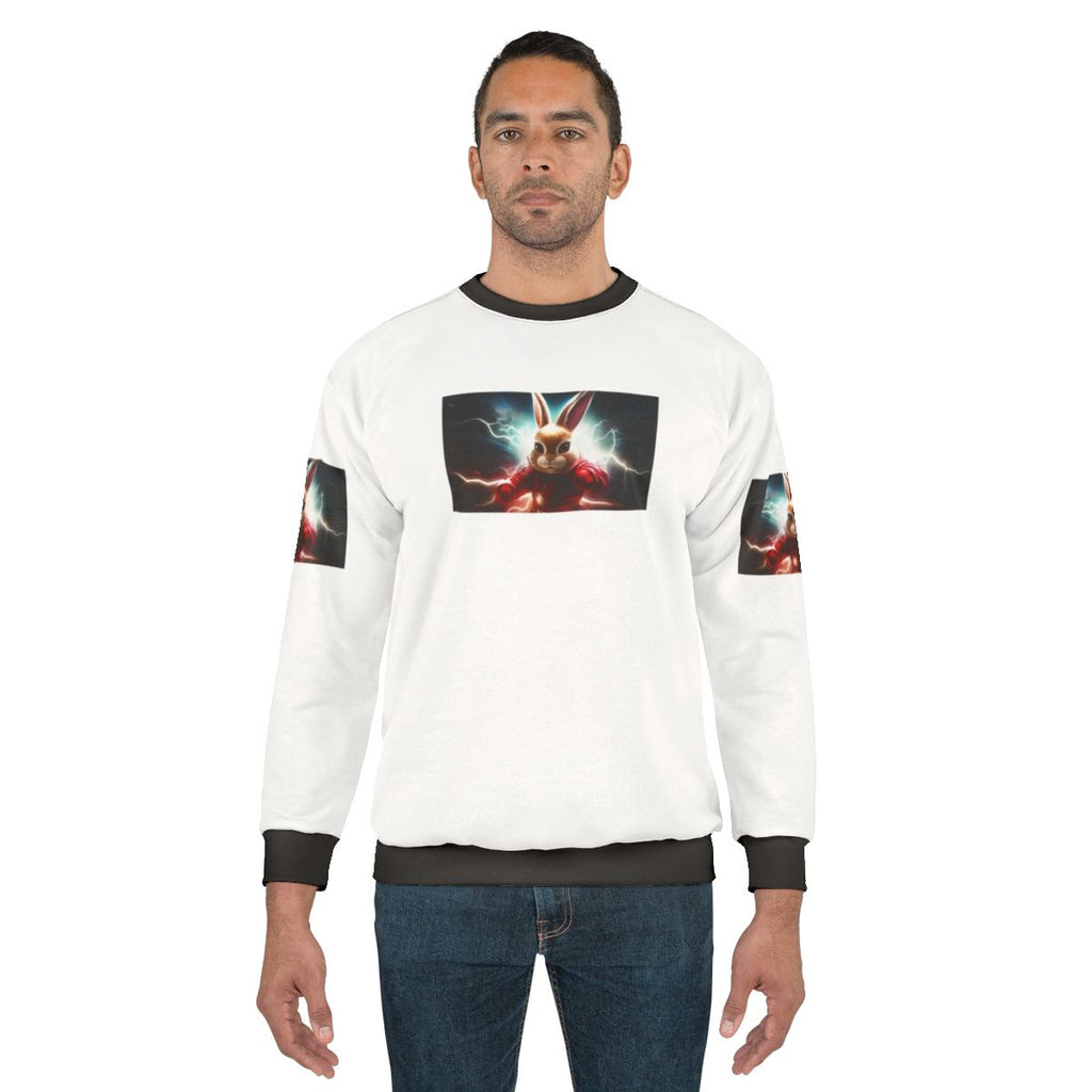 Rabbit The Superhero graphic on a grey sweatshirt