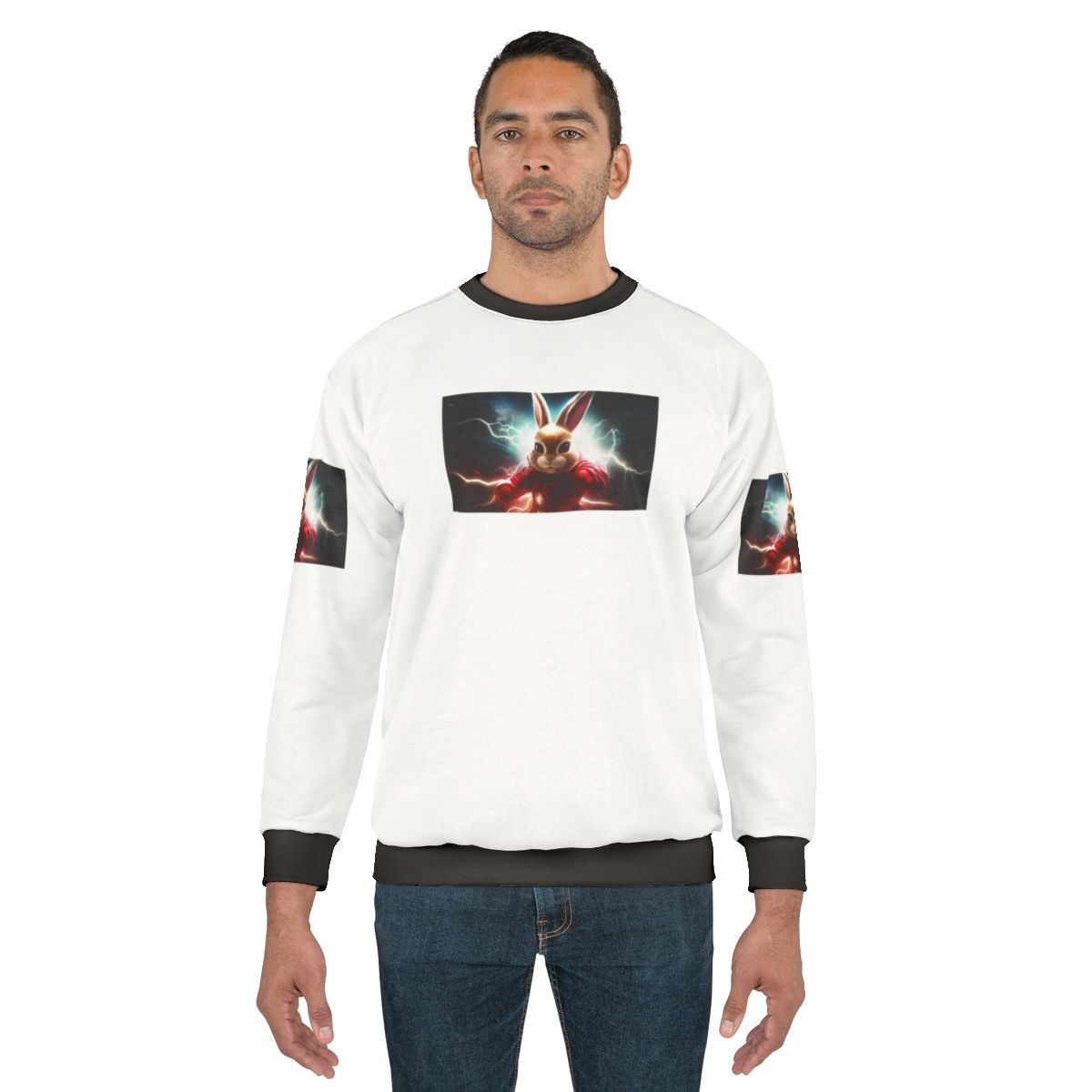 Rabbit The Superhero graphic on a grey sweatshirt