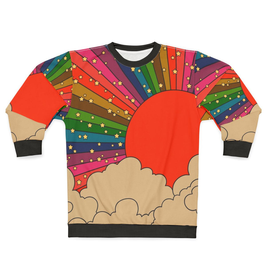 Colorful 70s-style rainbow sweatshirt with sun motif