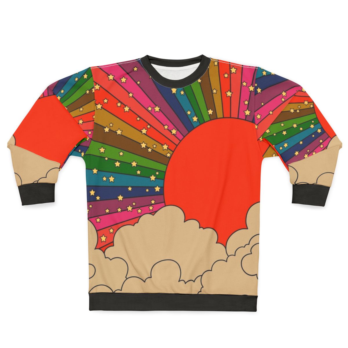Colorful 70s-style rainbow sweatshirt with sun motif