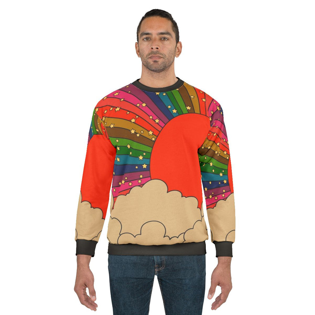 Colorful 70s-style rainbow sweatshirt with sun motif