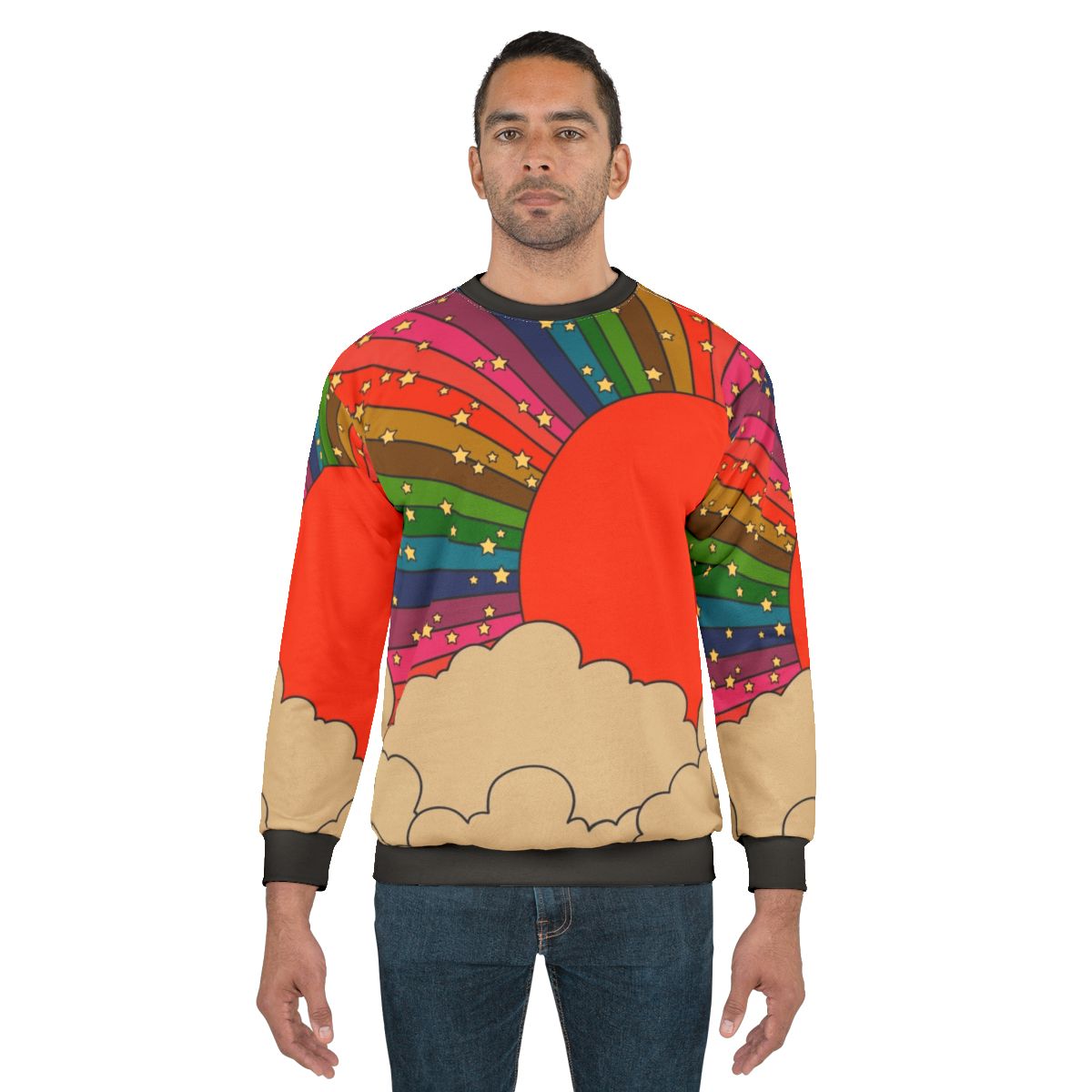 Colorful 70s-style rainbow sweatshirt with sun motif