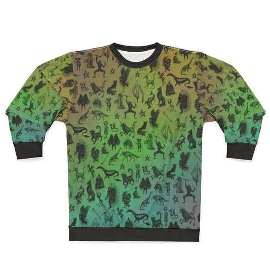 Rainbow Cryptid Sweatshirt featuring various mythical creatures