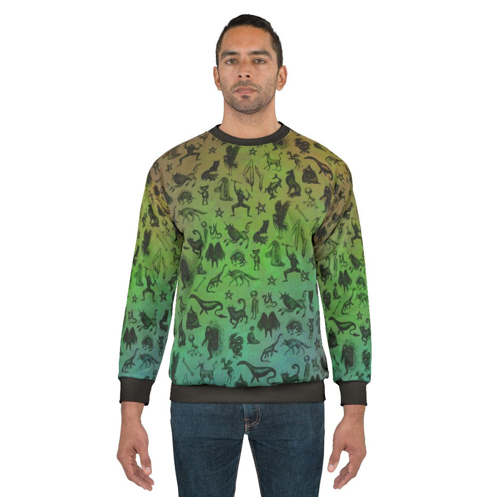 Rainbow Cryptid Sweatshirt featuring various mythical creatures