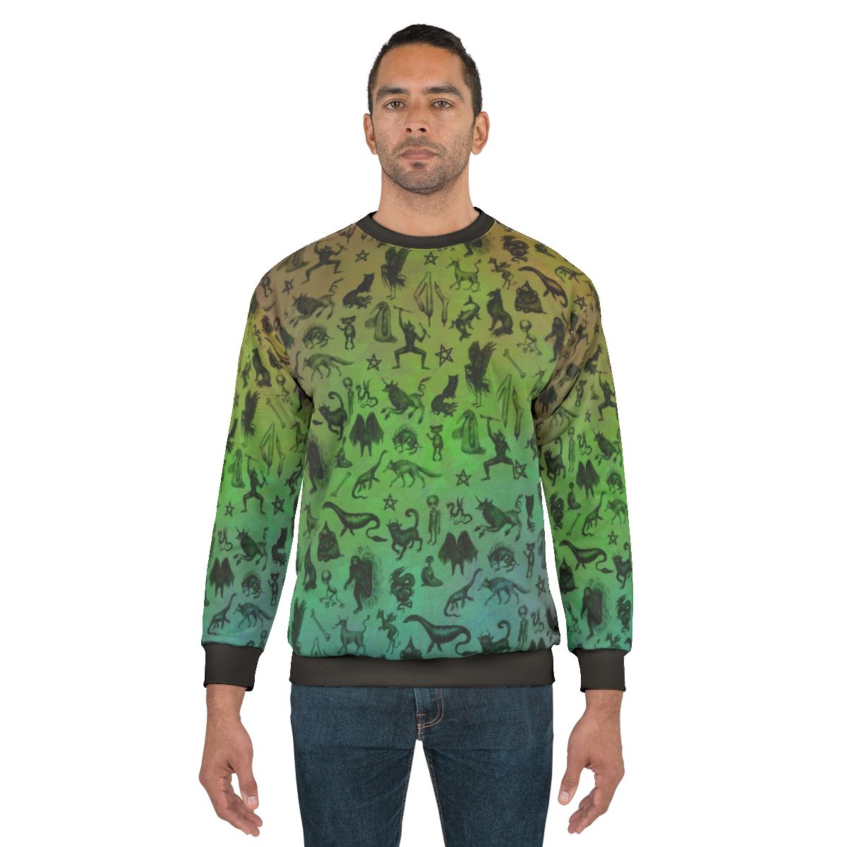 Rainbow Cryptid Sweatshirt featuring various mythical creatures