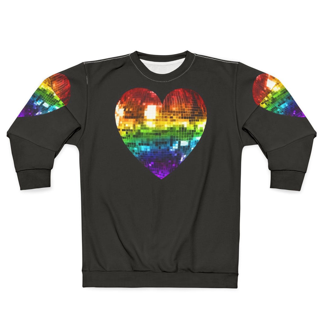 Disco ball heart rainbow design on a sweatshirt