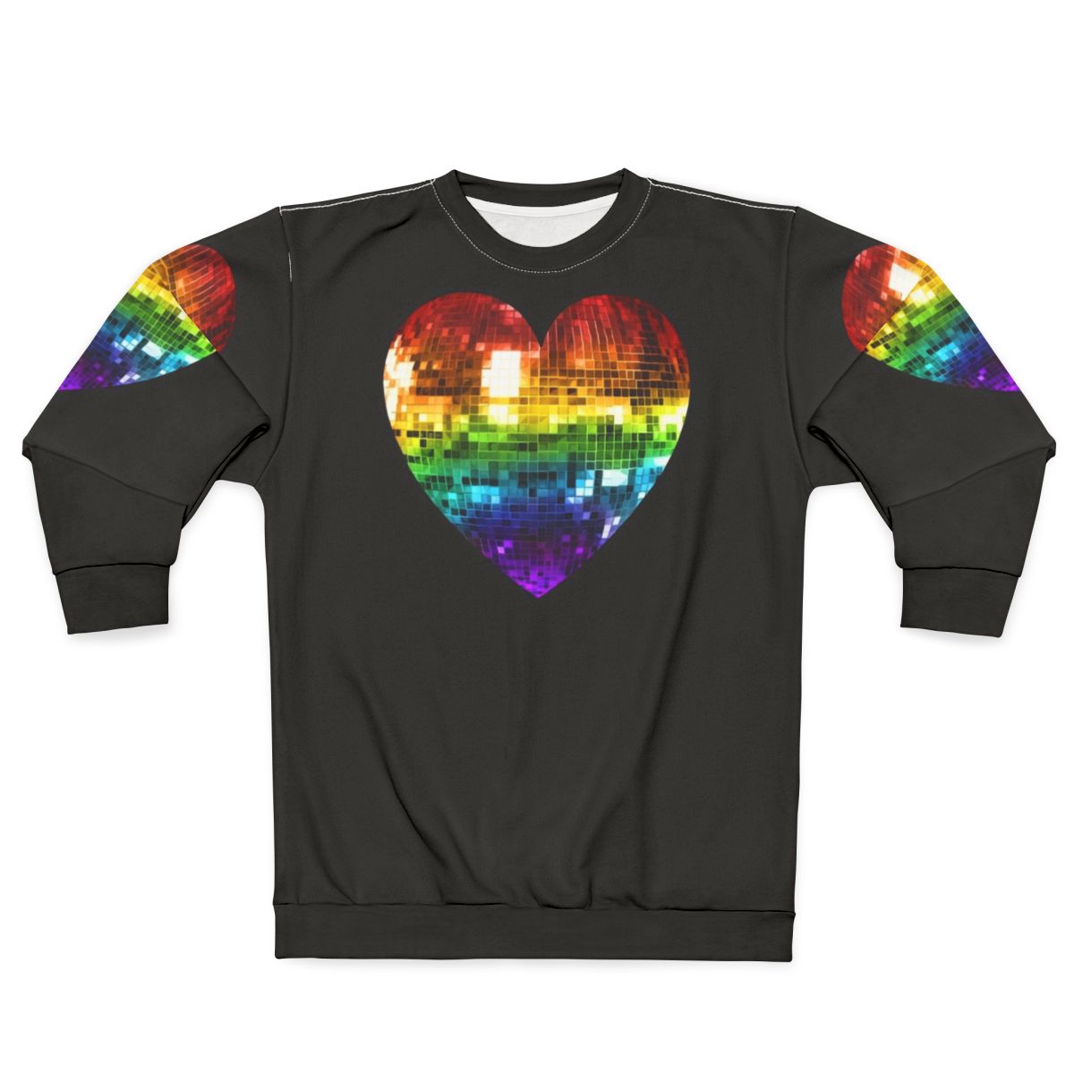 Disco ball heart rainbow design on a sweatshirt