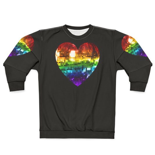 Disco ball heart rainbow design on a sweatshirt