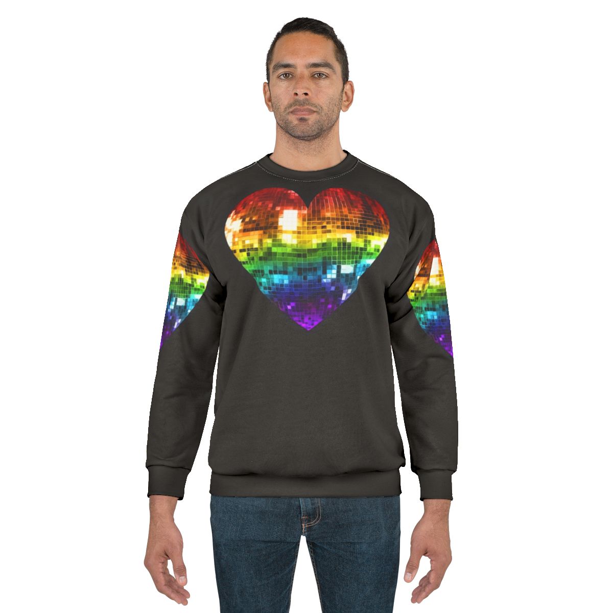 Disco ball heart rainbow design on a sweatshirt