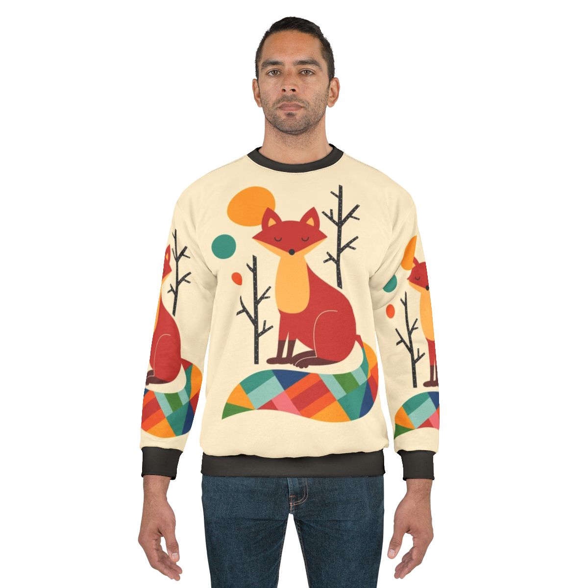 Colorful rainbow fox graphic on a cozy sweatshirt
