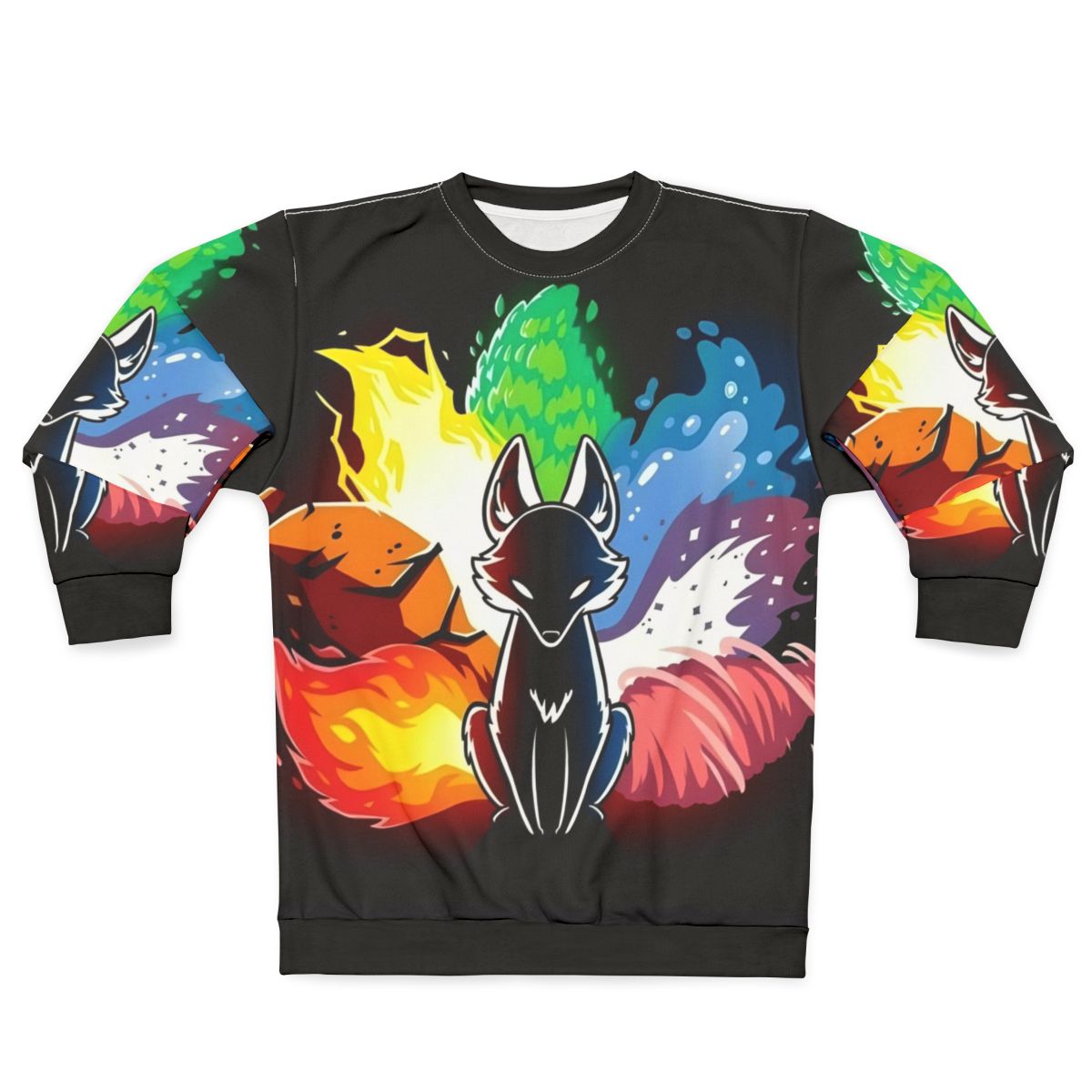 Mythical rainbow kitsune animal design on a cozy sweatshirt