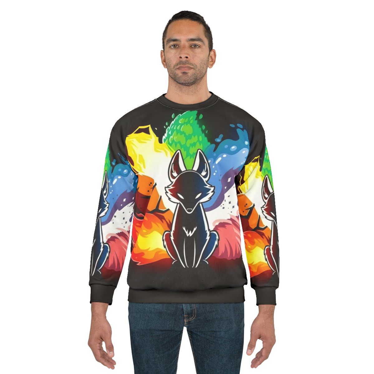 Mythical rainbow kitsune animal design on a cozy sweatshirt