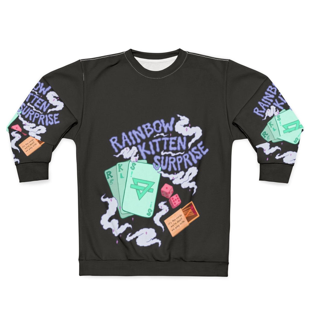 Cozy Rainbow Kitten Surprise Sweatshirt with Skeleton Art Design
