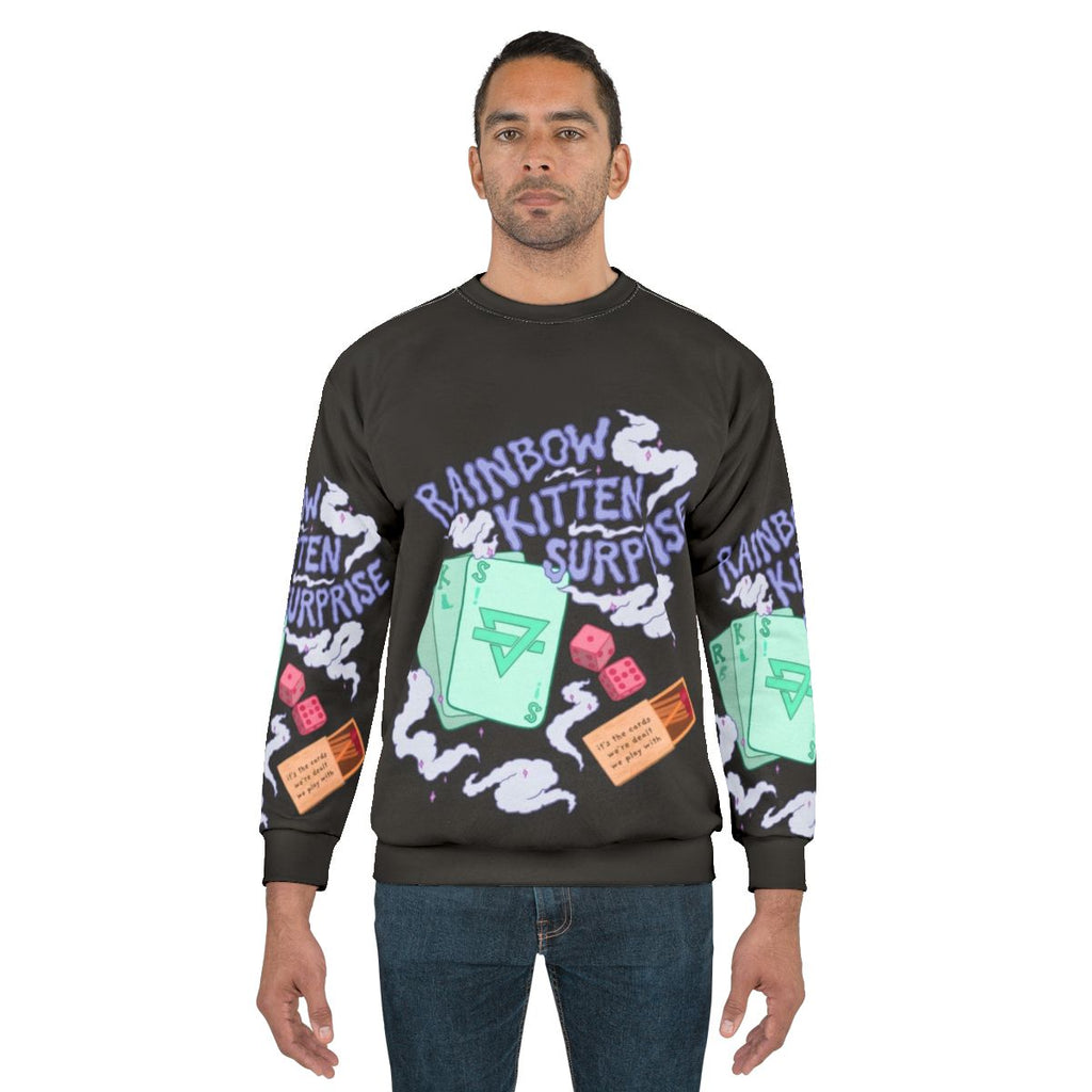 Cozy Rainbow Kitten Surprise Sweatshirt with Skeleton Art Design
