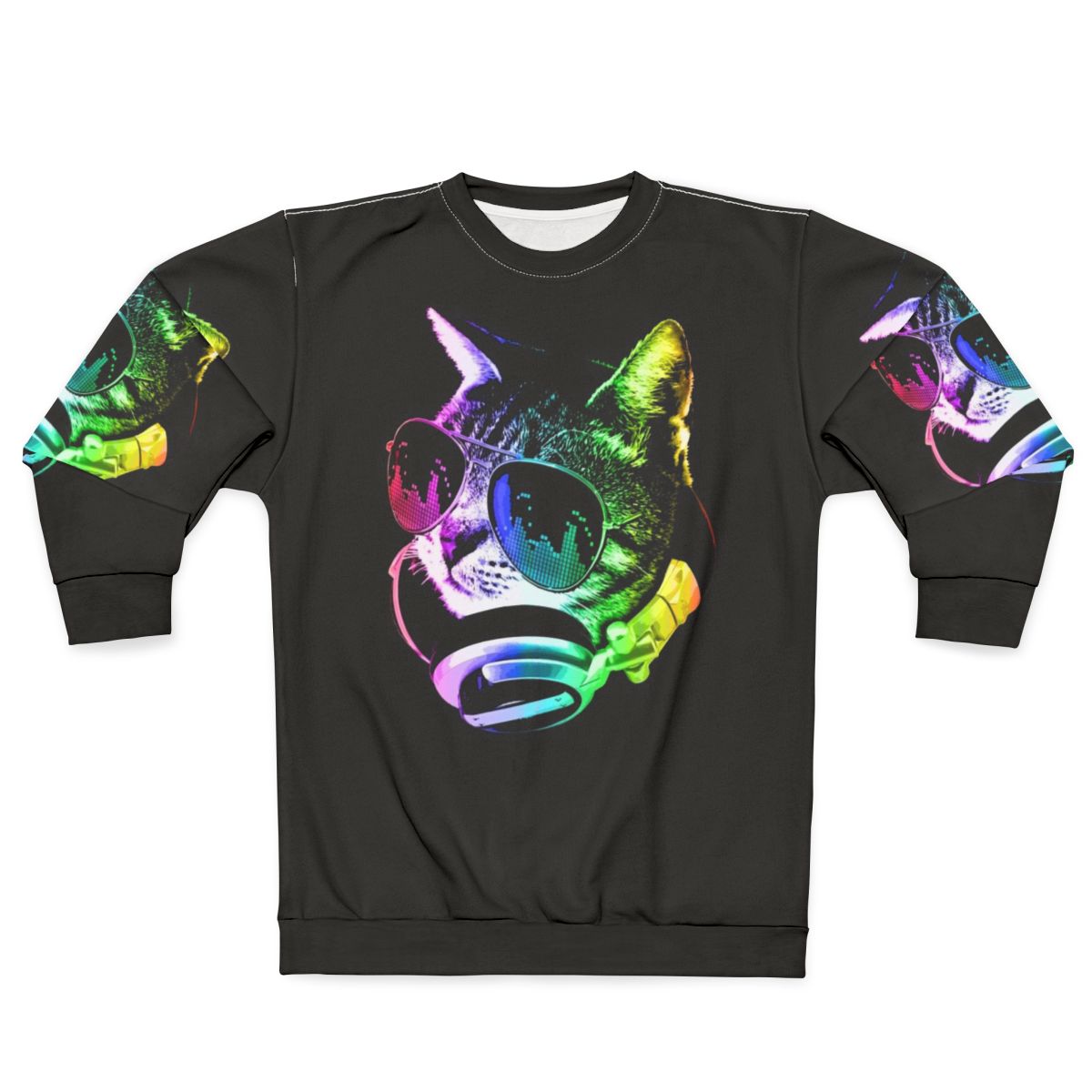 Colorful music cat sweatshirt with rainbow and headphones