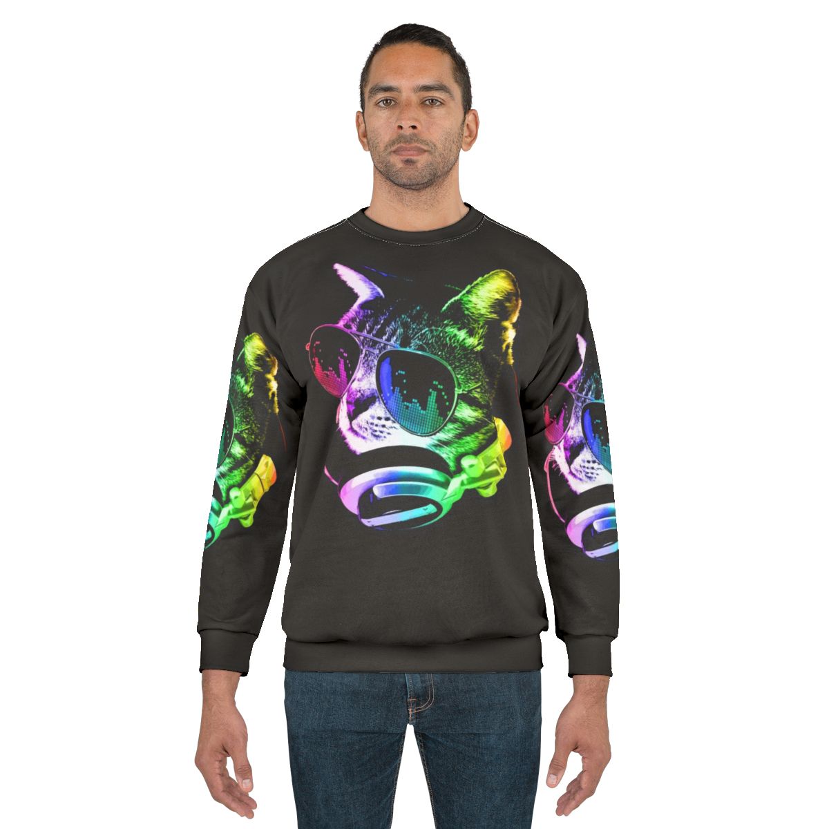 Colorful music cat sweatshirt with rainbow and headphones