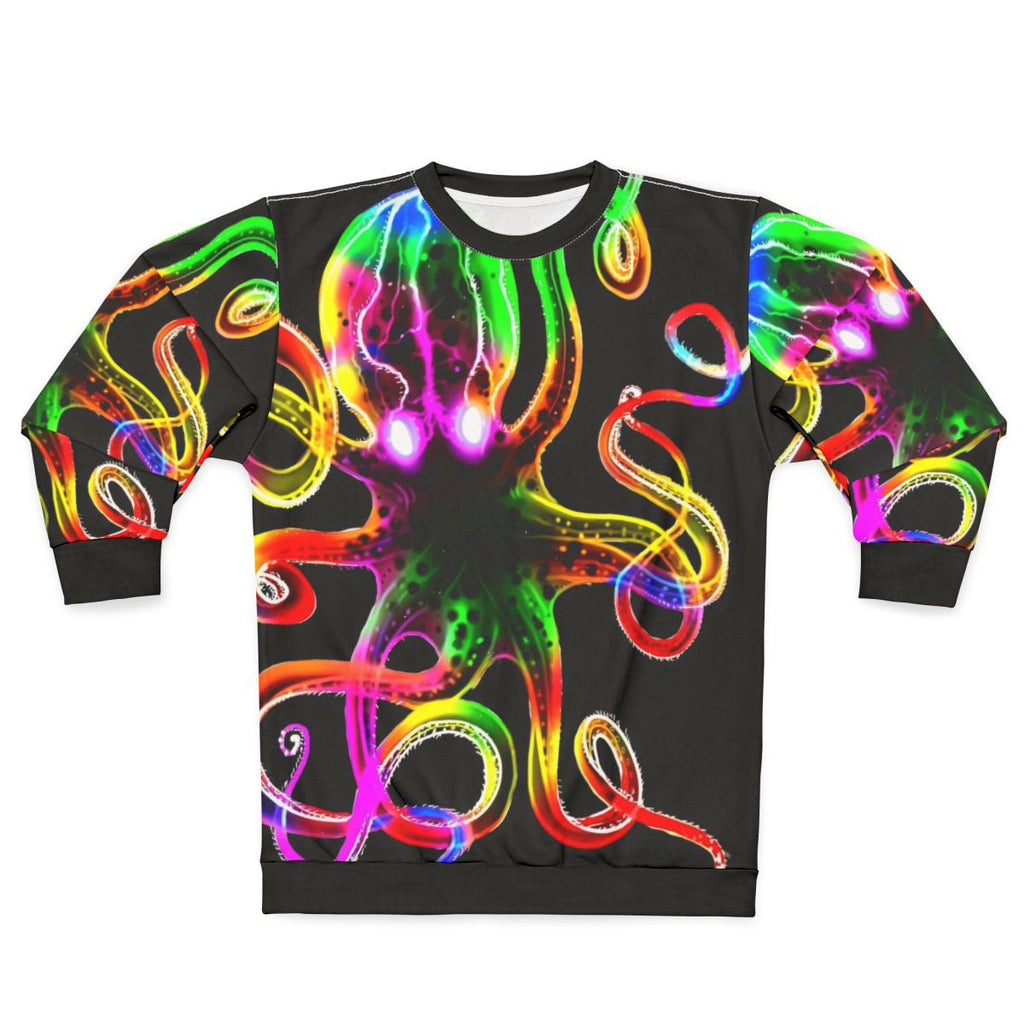 A vibrant rainbow octopus glowing in the dark on a sweatshirt
