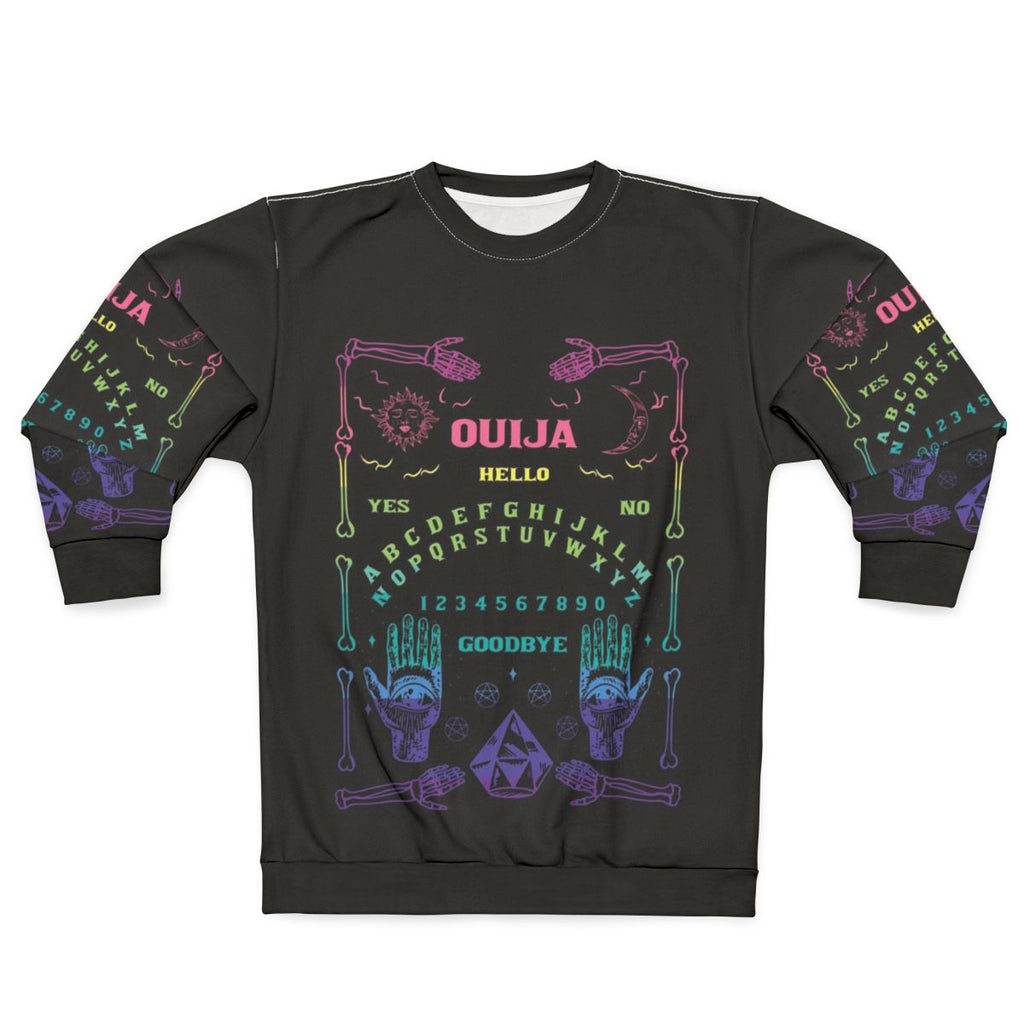 Colorful rainbow ouija board graphic on a sweatshirt