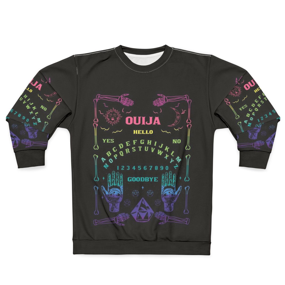 Colorful rainbow ouija board graphic on a sweatshirt