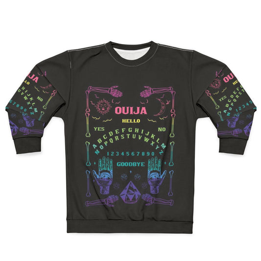 Colorful rainbow ouija board graphic on a sweatshirt