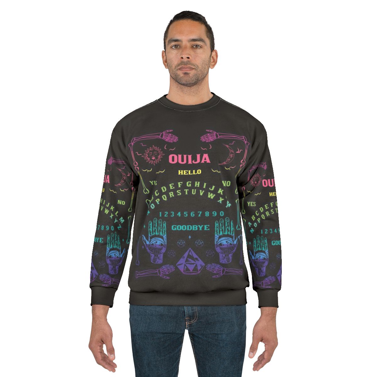 Colorful rainbow ouija board graphic on a sweatshirt