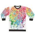 Colorful rainbow paint splatter drip design on a sweatshirt