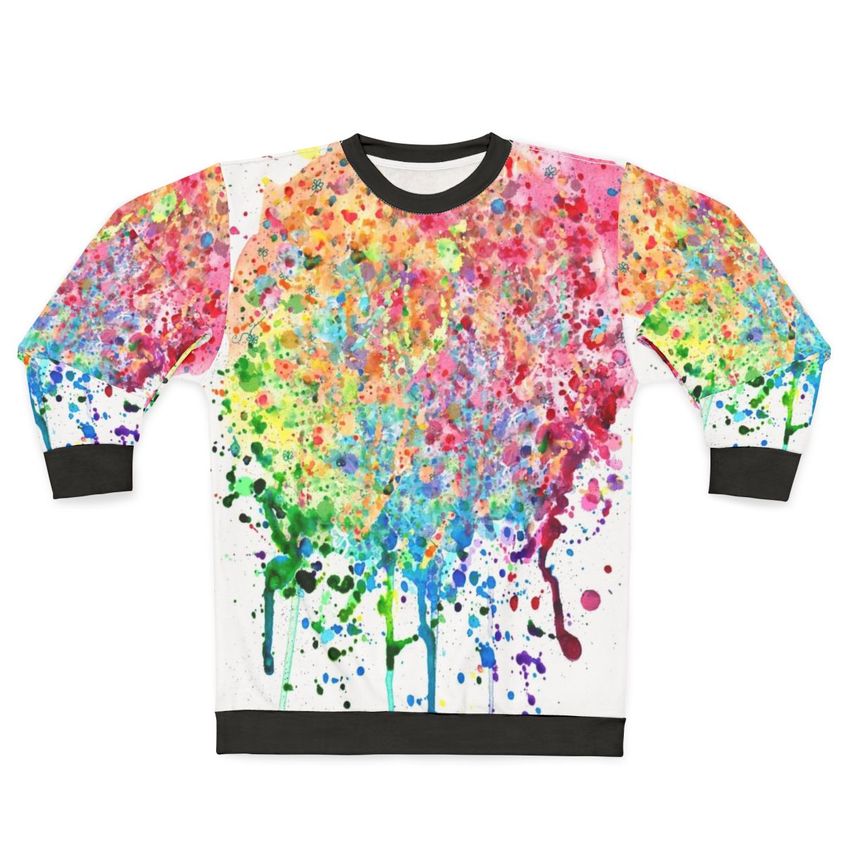 Colorful rainbow paint splatter drip design on a sweatshirt