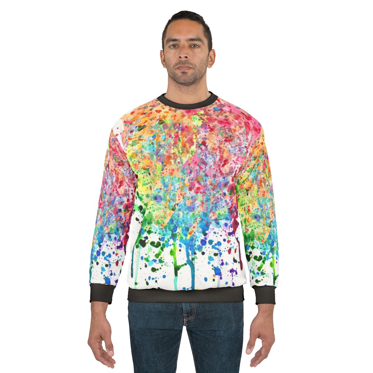 Colorful rainbow paint splatter drip design on a sweatshirt