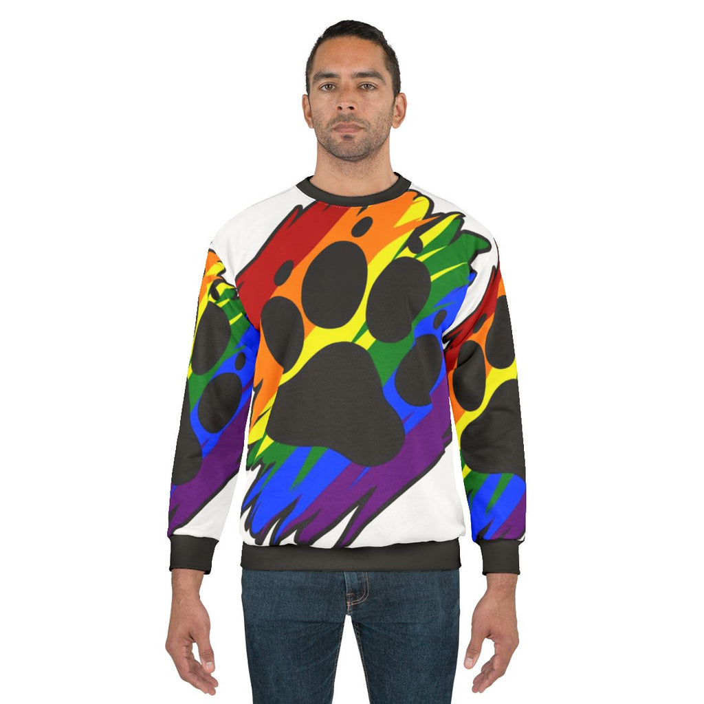 Vibrant rainbow paint splatter design on a comfortable sweatshirt