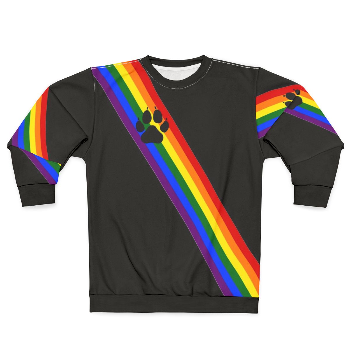 Colorful rainbow sweatshirt with puppy sash design for LGBTQ+ pride