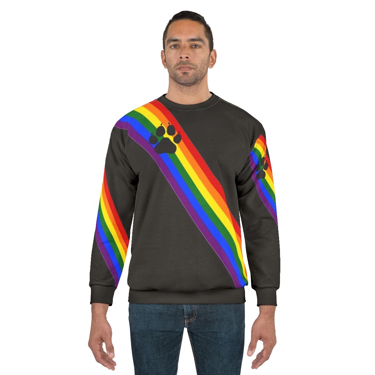 Colorful rainbow sweatshirt with puppy sash design for LGBTQ+ pride