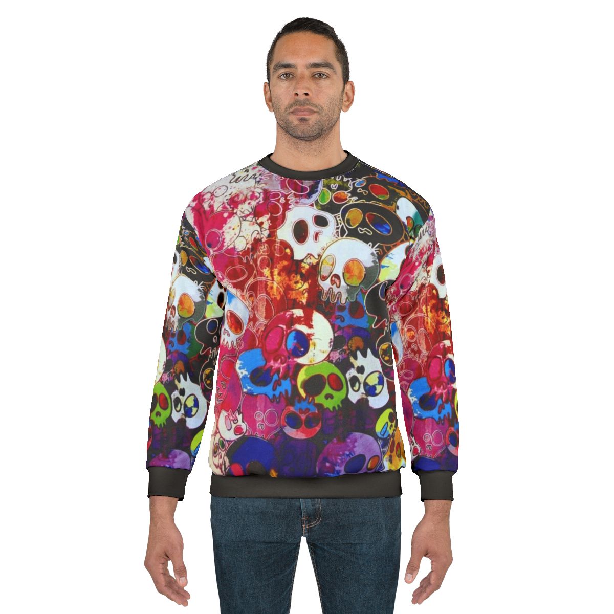 Rainbow Skull Sweatshirt with Takashi Murakami Inspired Floral Design