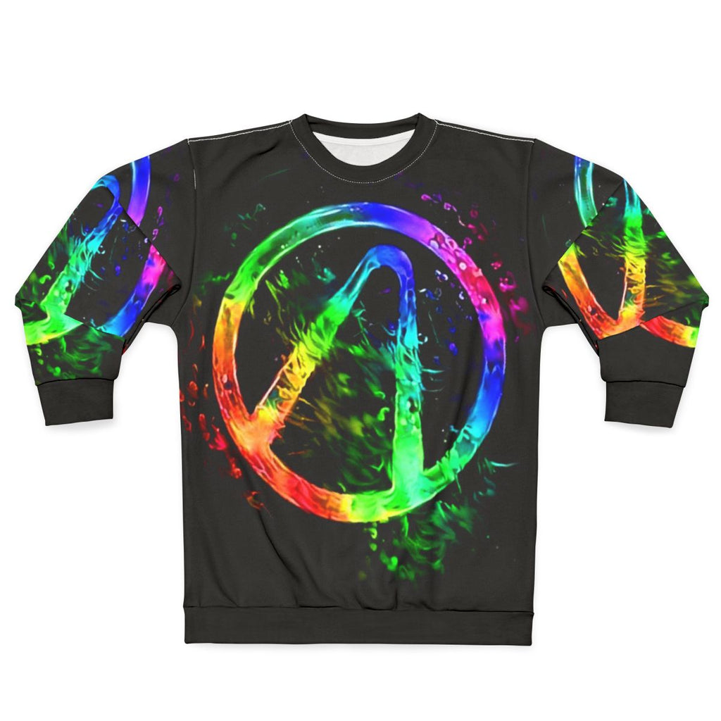 Colorful abstract rainbow splash vault hunter symbol on a black sweatshirt