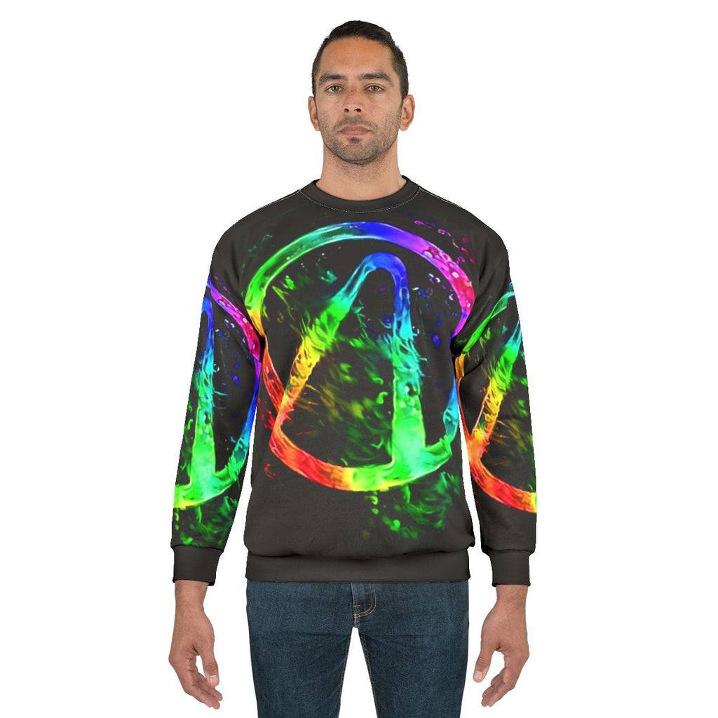 Colorful abstract rainbow splash vault hunter symbol on a black sweatshirt