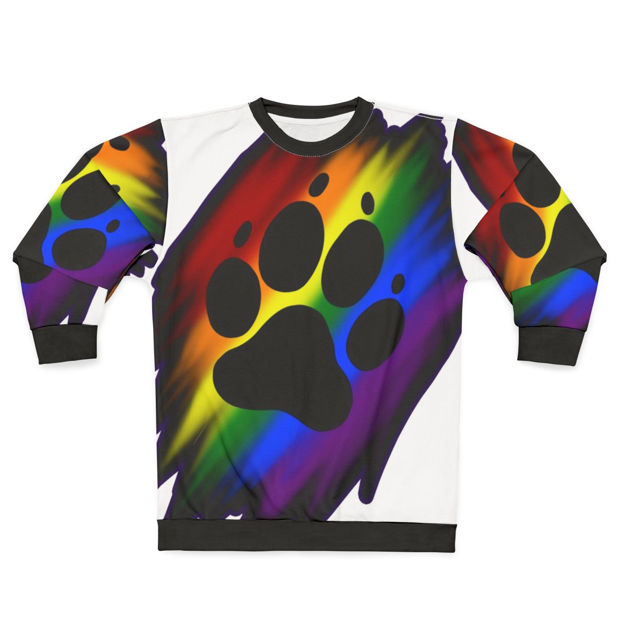 Colorful rainbow splatter design on a cozy sweatshirt