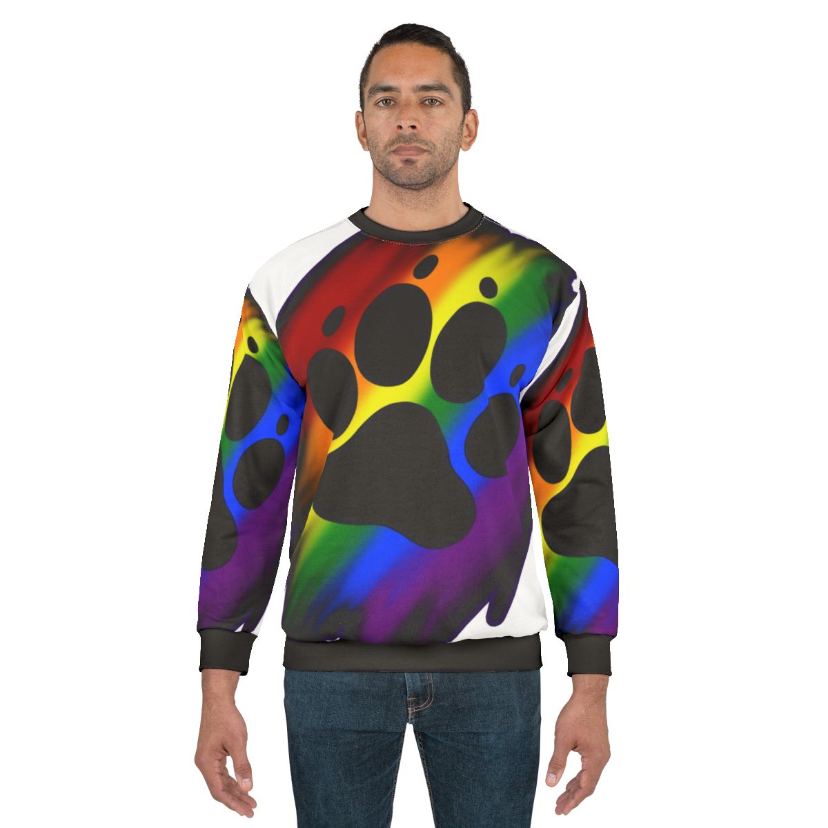 Colorful rainbow splatter design on a cozy sweatshirt