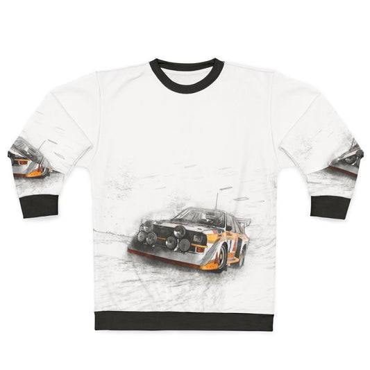 Rally car illustration sweatshirt for motorsport enthusiasts