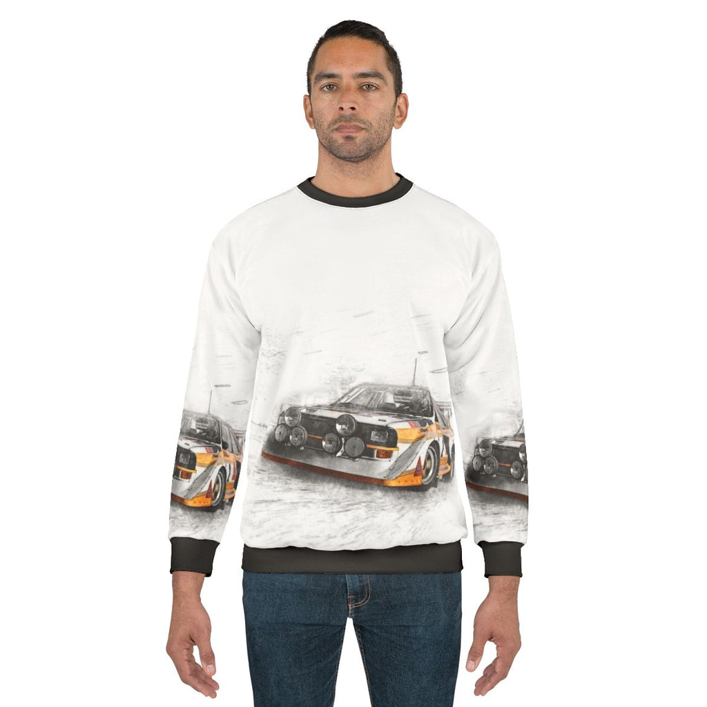 Rally car illustration sweatshirt for motorsport enthusiasts