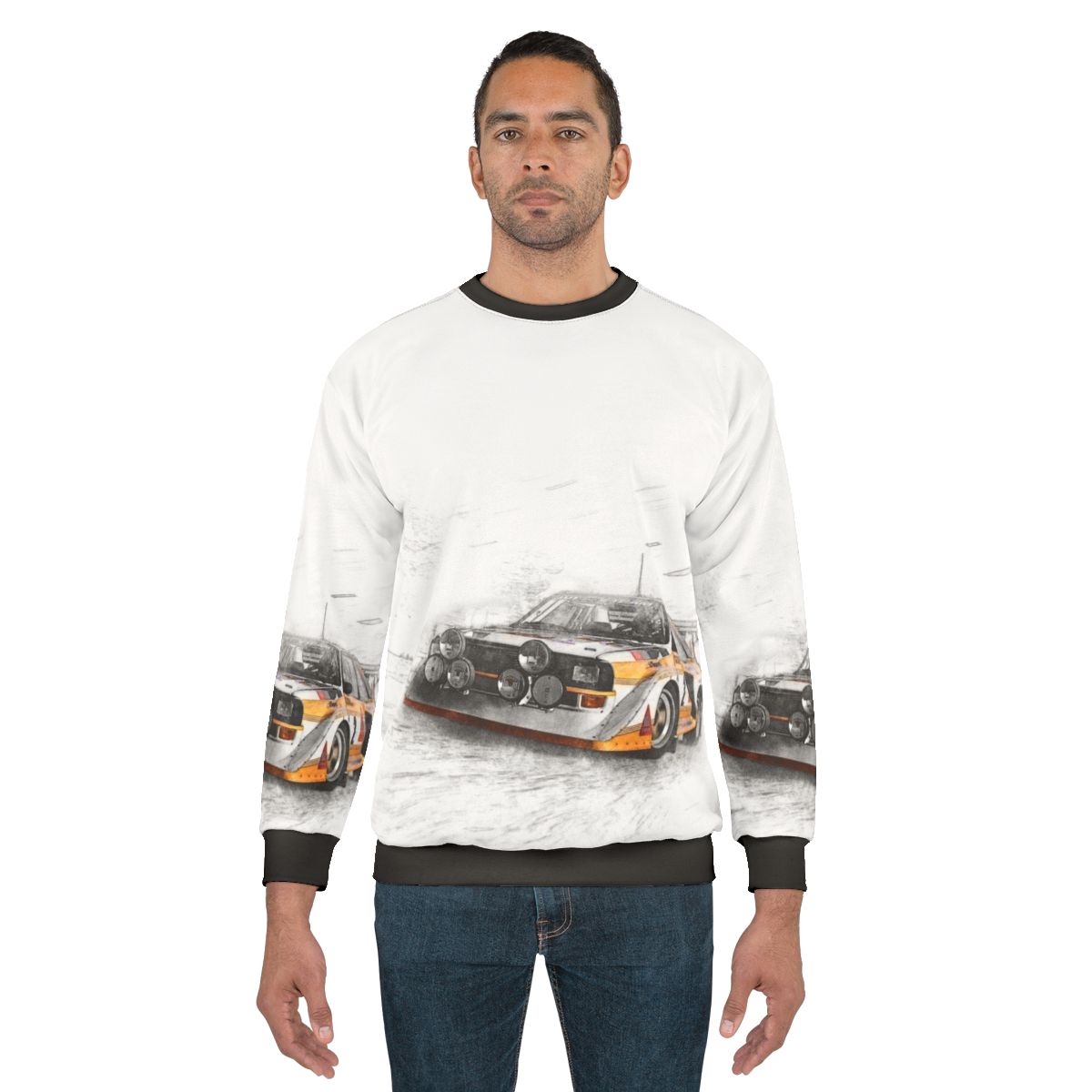 Rally car illustration sweatshirt for motorsport enthusiasts