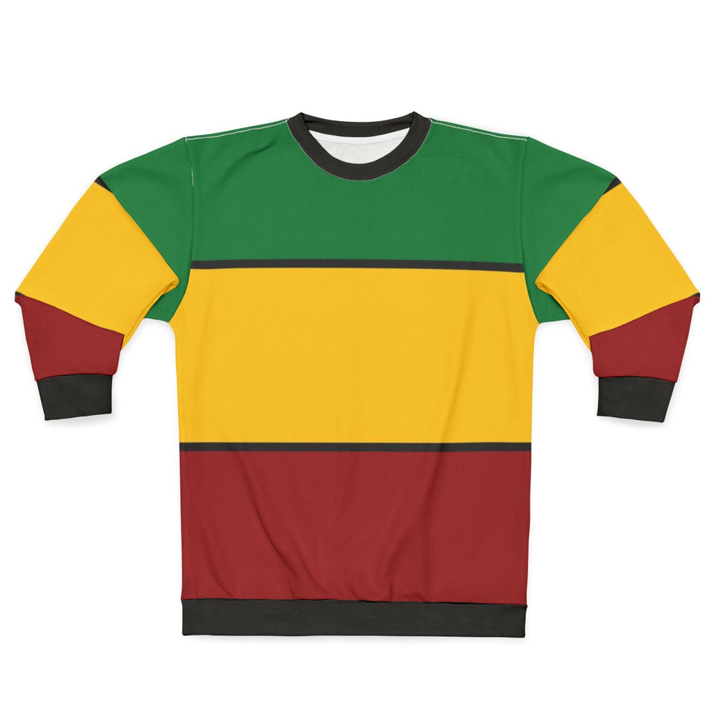 Rasta stripes sweatshirt featuring vibrant red, gold, and green colors