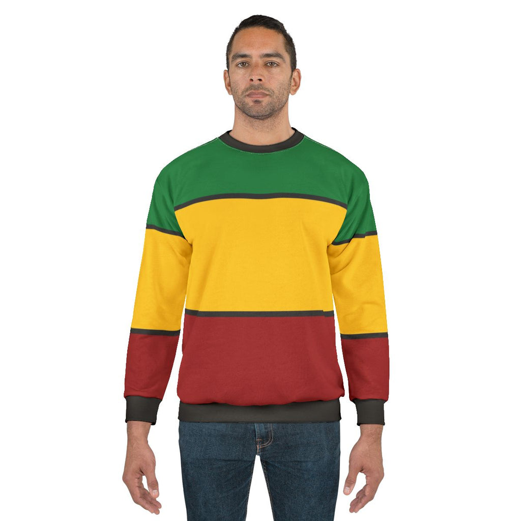 Rasta stripes sweatshirt featuring vibrant red, gold, and green colors