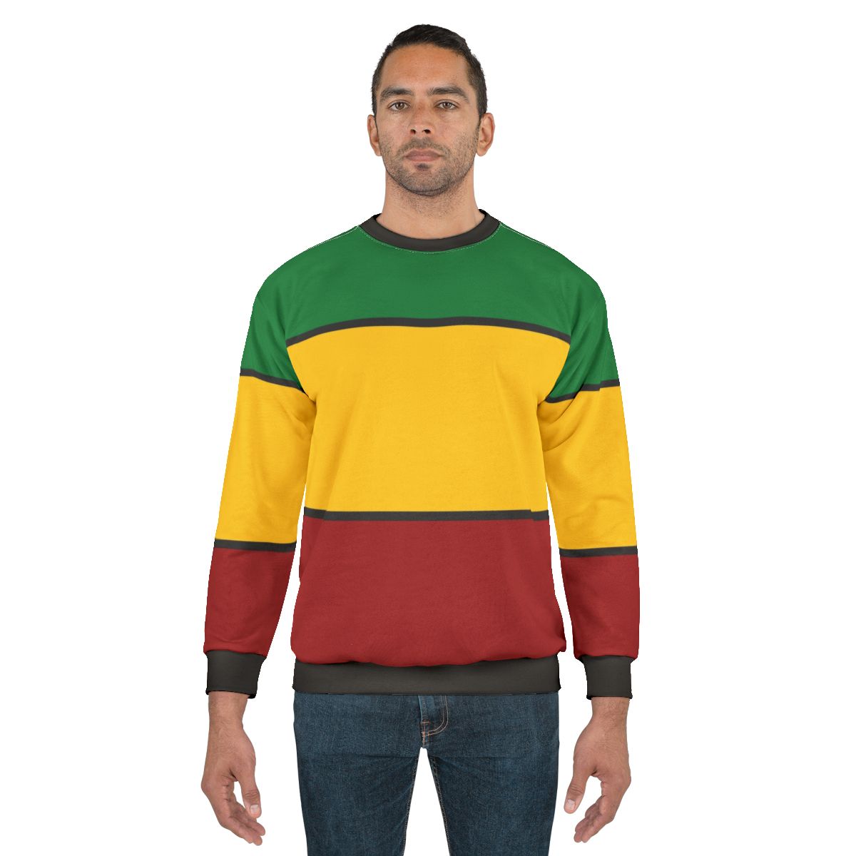 Rasta stripes sweatshirt featuring vibrant red, gold, and green colors