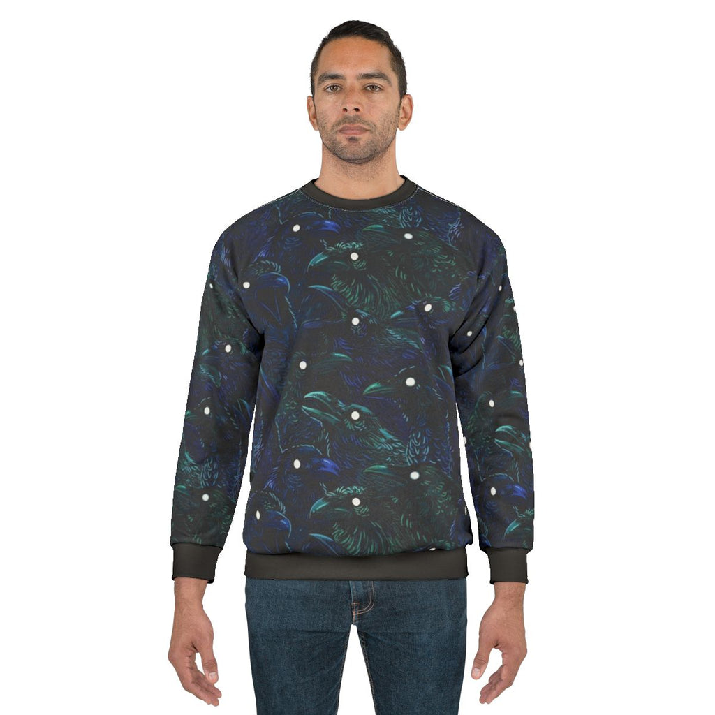 Raven pattern gothic sweatshirt with dark bird graphic design