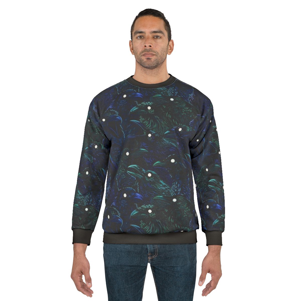 Raven pattern gothic sweatshirt with dark bird graphic design