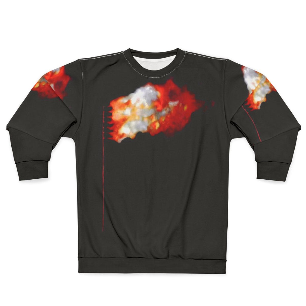 Red sweatshirt with burning American flag design