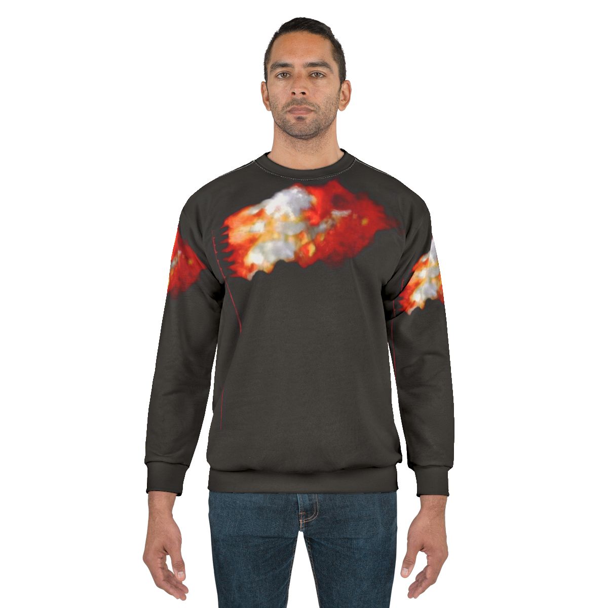 Red sweatshirt with burning American flag design