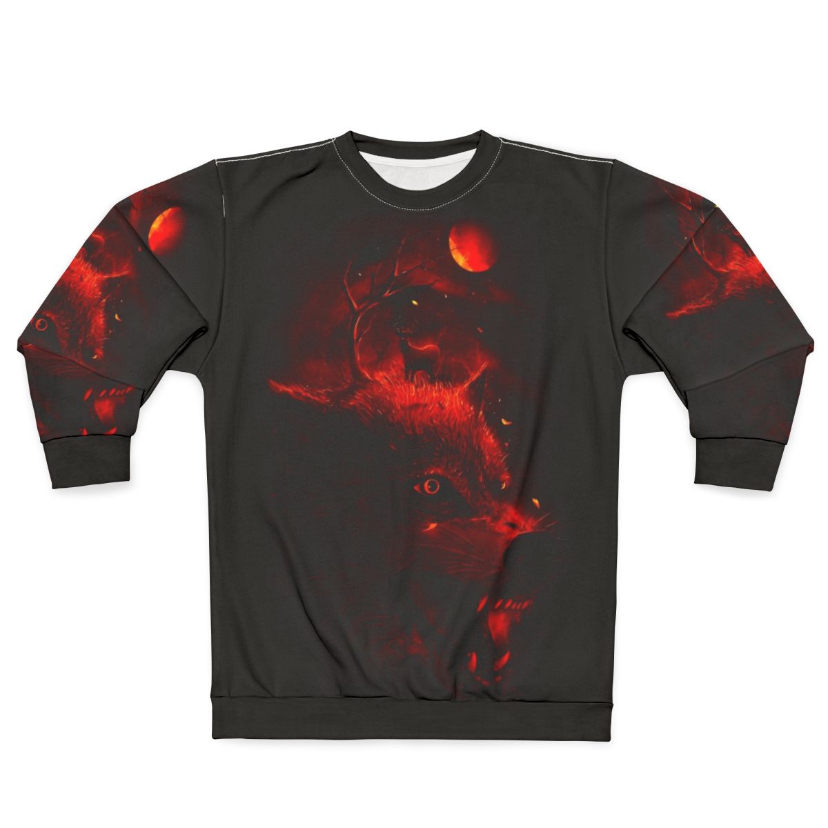 Red sweatshirt with dark night sky, wolf and deer silhouettes