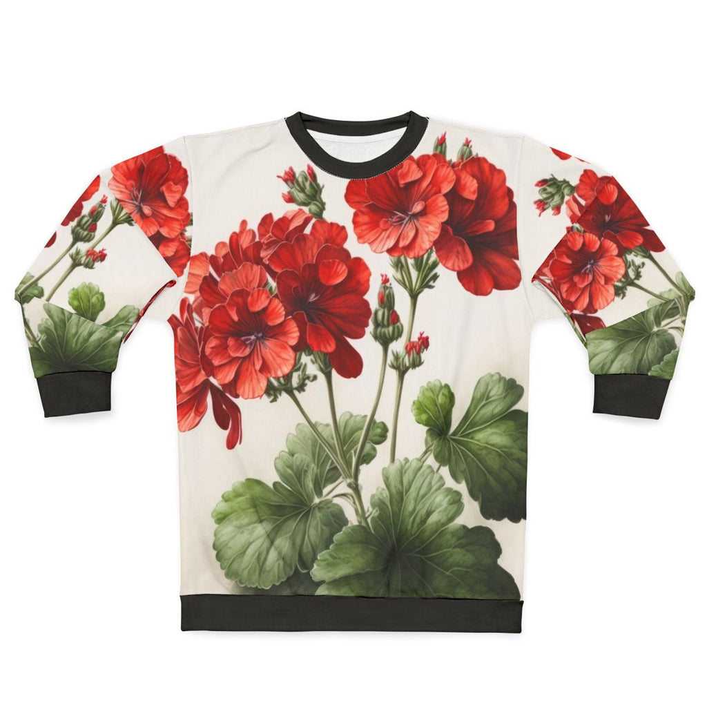 Red geranium flowers printed on a women's sweatshirt