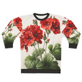 Red geranium flowers printed on a women's sweatshirt